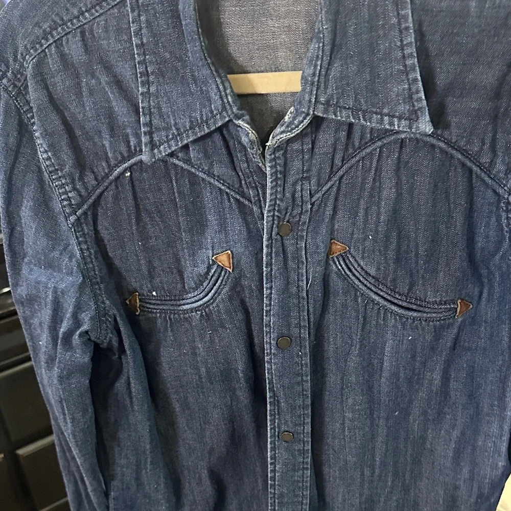 True Religion Men's Denim Western Shirt Jacket - Indigo Blue with Brown Accents
